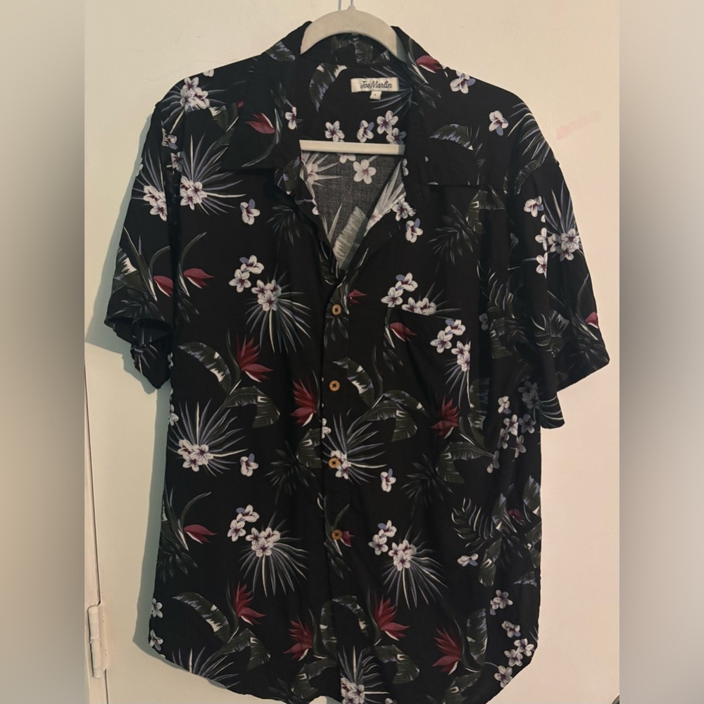 Joe Marlin Mens Short Sleeve Birds of Paradise Hawaiian Shirt Black Red Sz Large